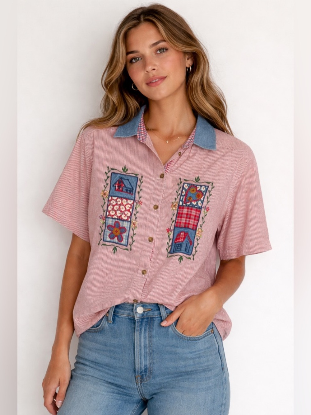 Vintage Casey &โ Max Embroidered Patchwork Button Up Top Small Cottagecore